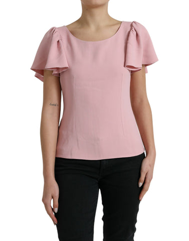 Pink Dolce & Gabbana short sleeve round neck blouse top, lightweight fabric, close-up of stylish women's fashion top.