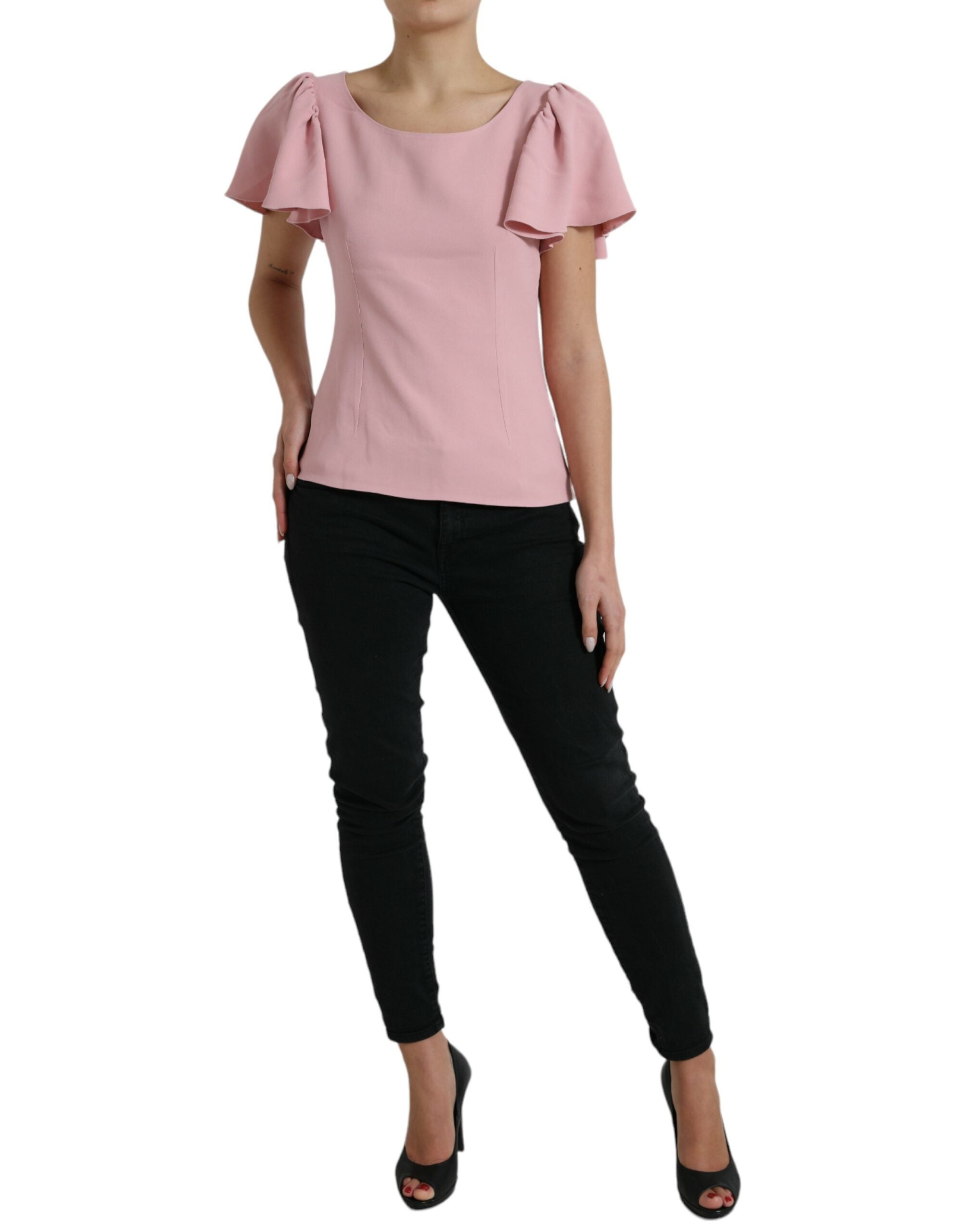 Pink Dolce & Gabbana short sleeve round neck blouse top, lightweight fabric with a fitted design and classic style.