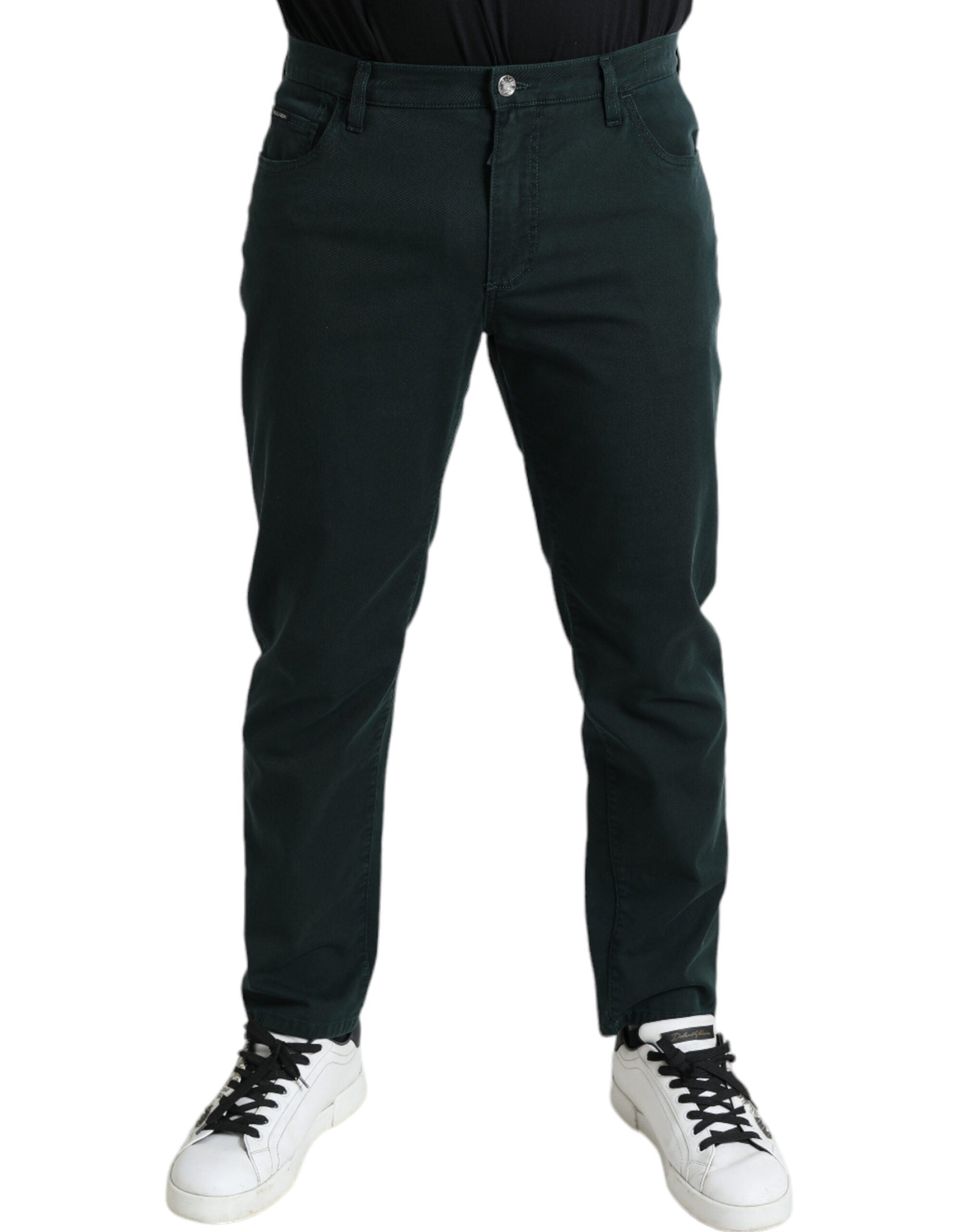 Green cotton stretch skinny men's denim jeans by Dolce & Gabbana, showcasing fitted design and classic five-pocket style.
