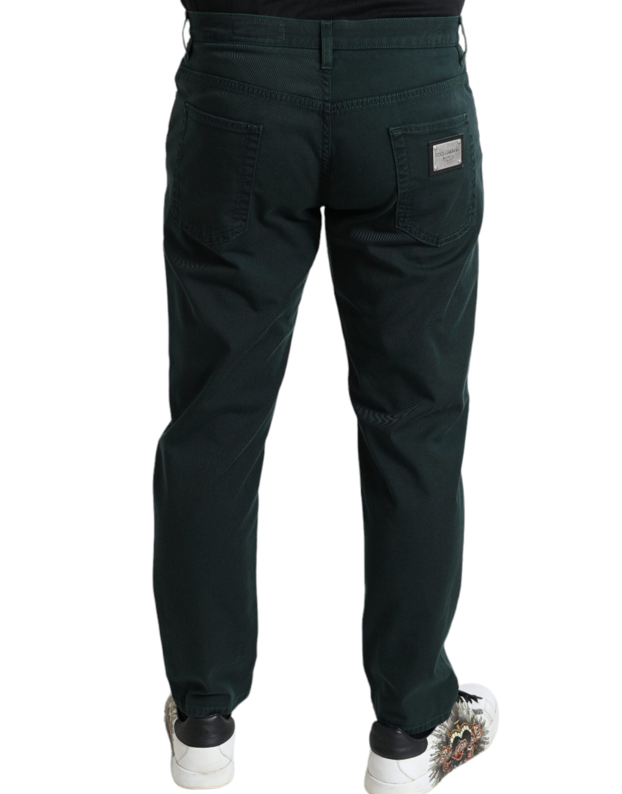 Green cotton stretch skinny men's denim jeans by Dolce & Gabbana, showing slim fit design and classic five-pocket style.