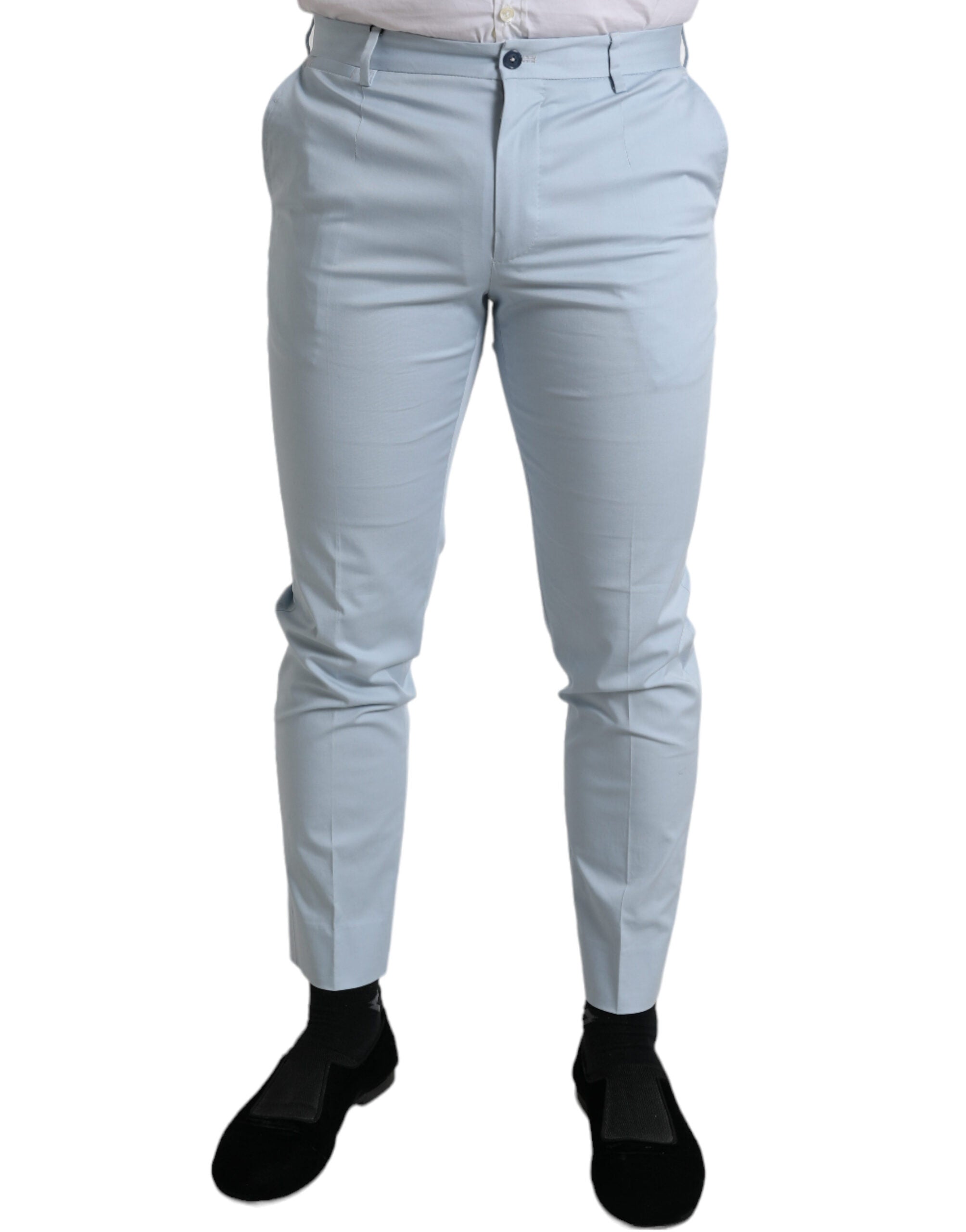 Sky blue cotton stretch skinny pants by Dolce & Gabbana, close-up of fitted, high-waisted design with seamless stitching.