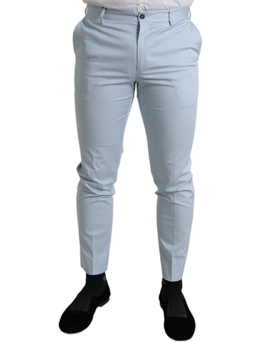 Sky blue cotton stretch skinny pants by Dolce & Gabbana, close-up of fitted, high-waisted design with seamless stitching.