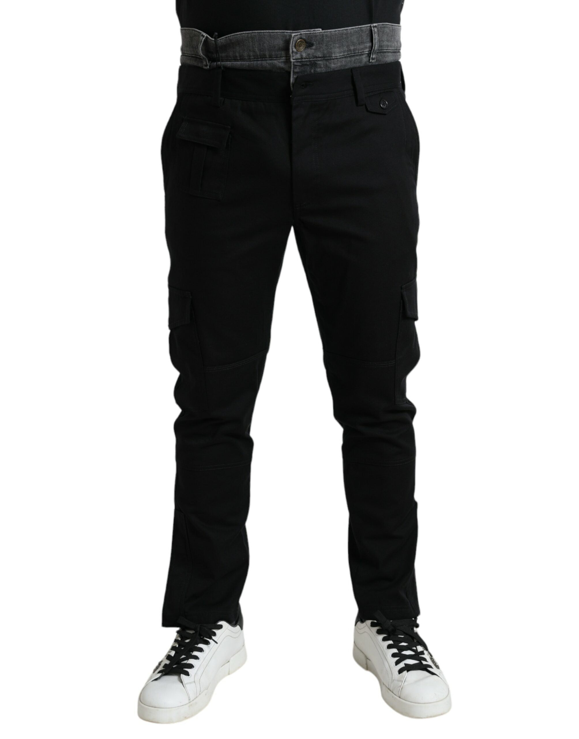Black and gray slim cotton denim jeans pants by Dolce & Gabbana, displayed flat with visible stitching and classic fit.