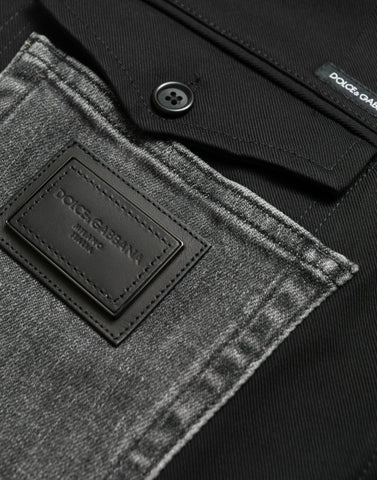 Black and gray slim cotton denim jeans pants by Dolce & Gabbana, shown with a close-up of the fabric and fit.