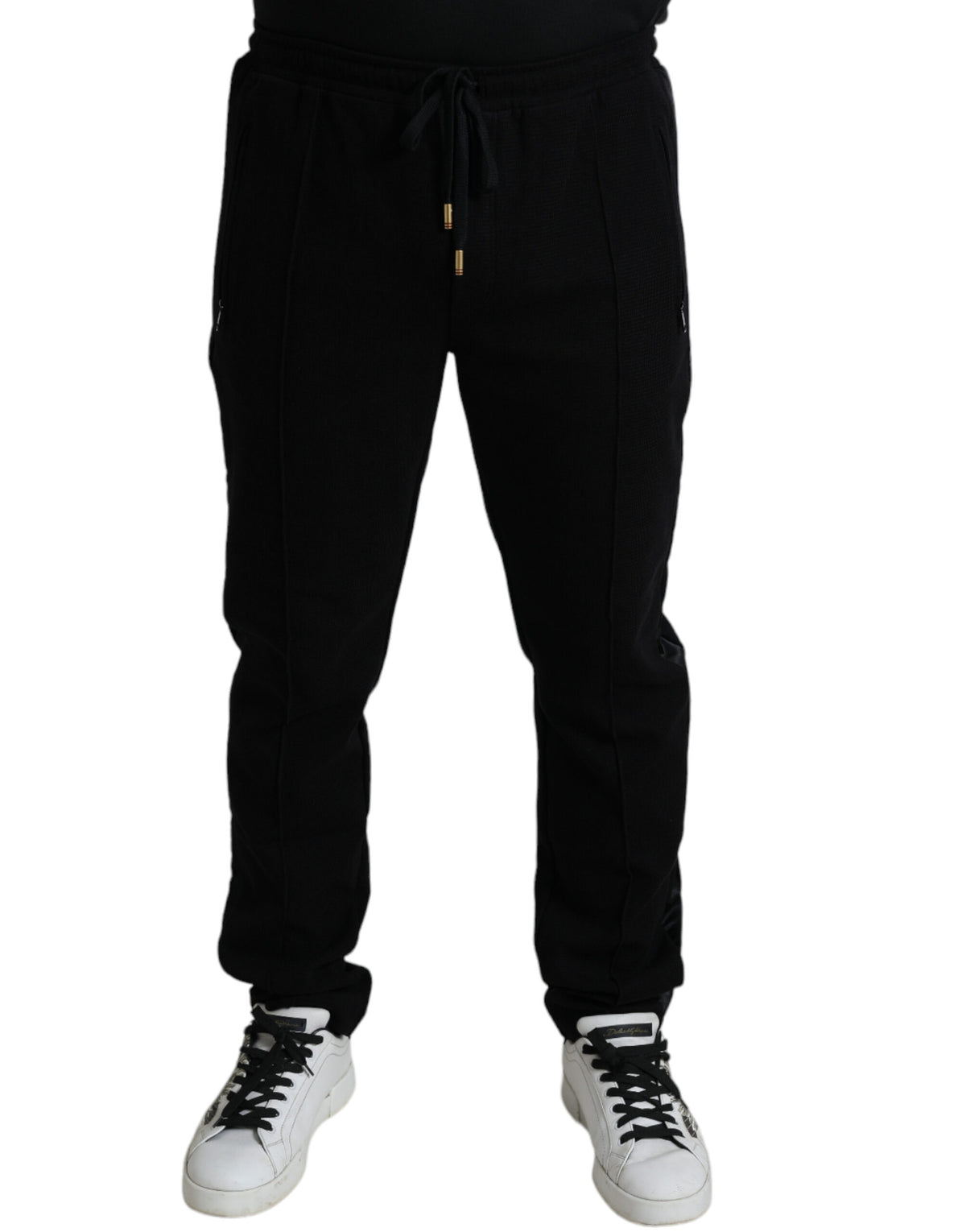 Black cotton skinny jogger sweatpants by Dolce & Gabbana, featuring a tapered fit and casual drawstring waist.