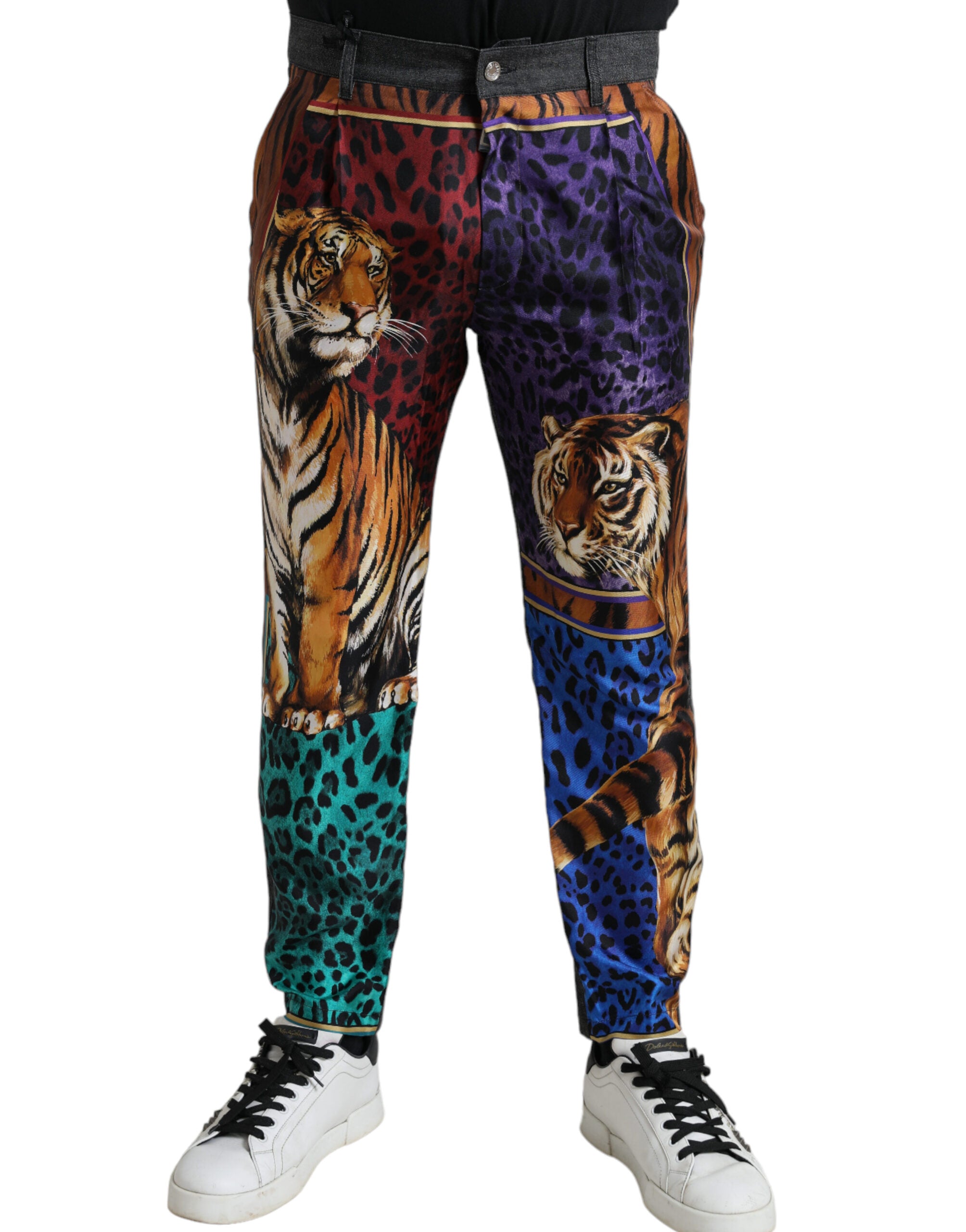 Multicolor tiger print cotton loose denim jeans by Dolce & Gabbana, showcasing vibrant tiger patterns and relaxed fit.