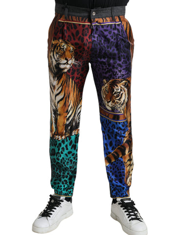 Multicolor tiger print cotton loose denim jeans by Dolce & Gabbana, showcasing vibrant tiger patterns and relaxed fit.
