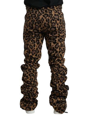 Brown leopard jacquard jogger pants by Dolce & Gabbana featuring an elastic waistband and tapered fit.
