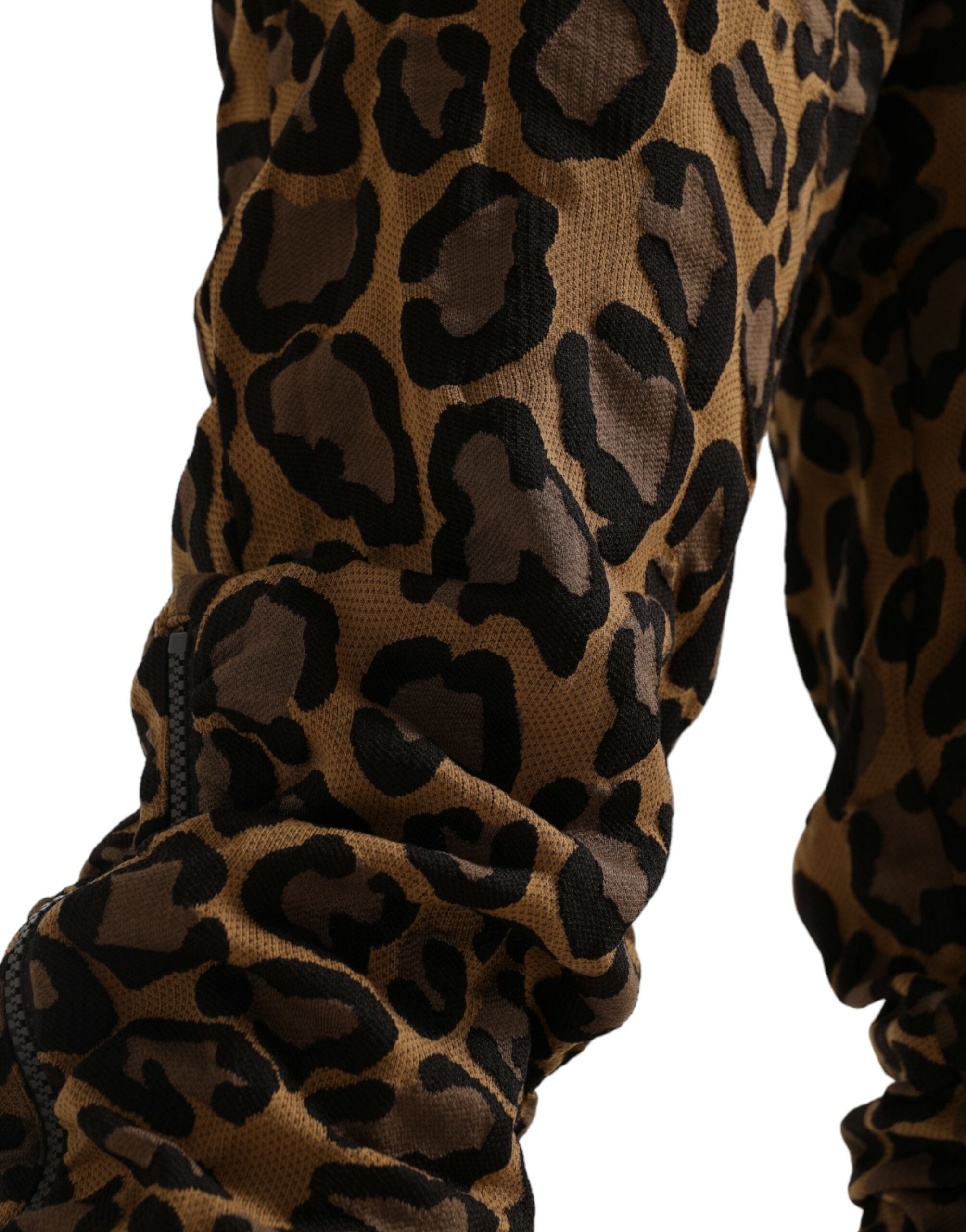 Brown leopard jacquard jogger pants by Dolce & Gabbana featuring a stylish, patterned design and elastic waistband.