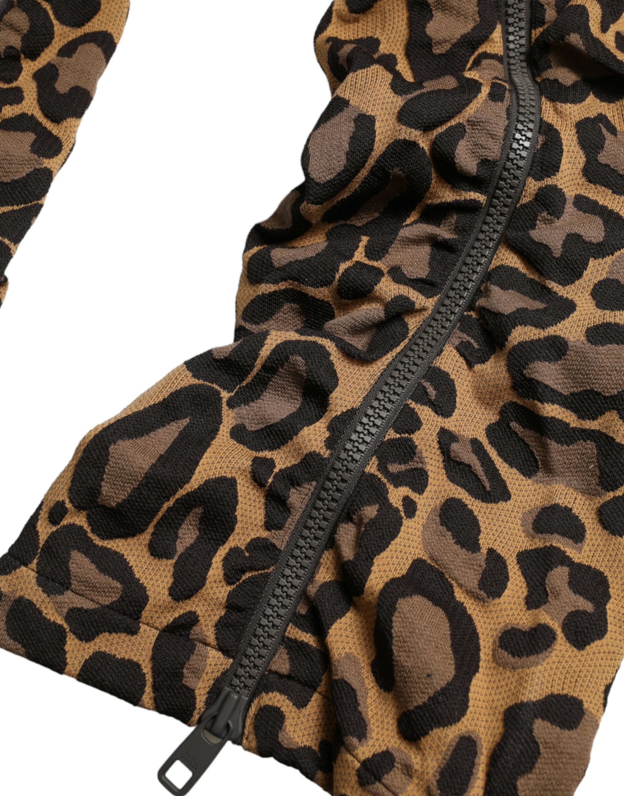 Brown leopard jacquard jogger pants by Dolce & Gabbana with a relaxed fit and elastic waistband.