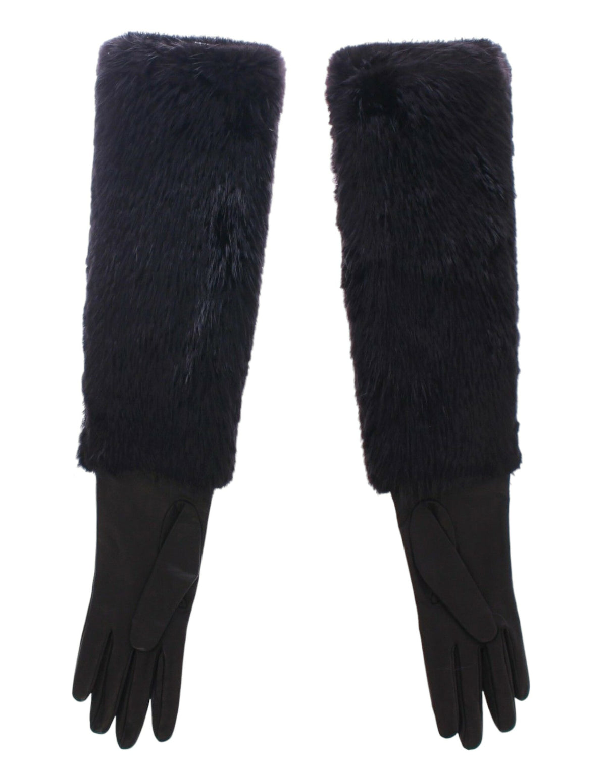 Black beaver fur and lambskin leather elbow gloves by Dolce & Gabbana featuring sleek design and detailed stitching.
