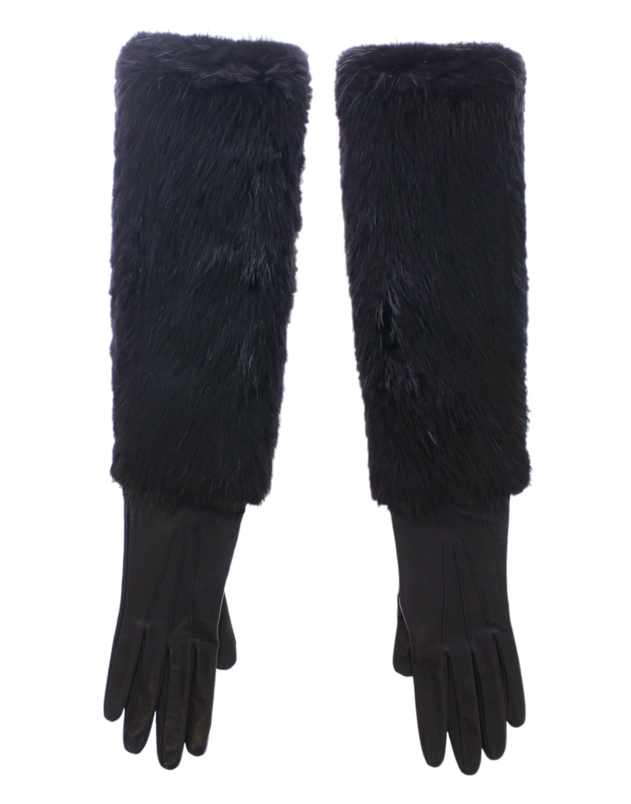 Black beaver fur and lambskin leather elbow gloves by Dolce & Gabbana, featuring a sleek, stylish design with contrasting textures.