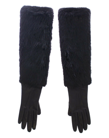 Black beaver fur and lambskin leather elbow gloves by Dolce & Gabbana, featuring a sleek, stylish design with contrasting textures.