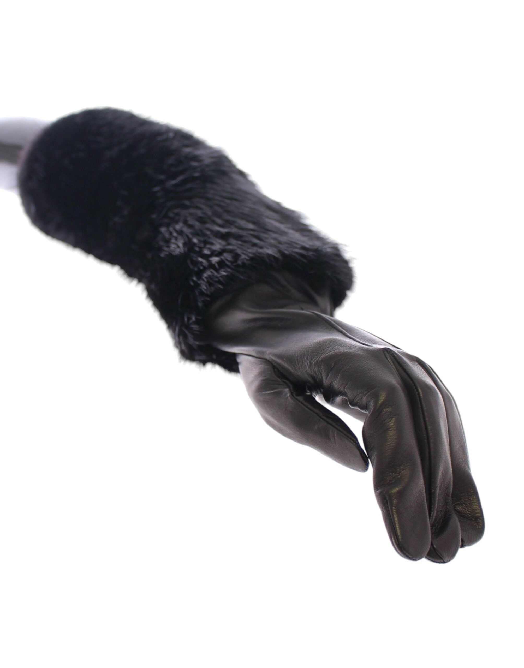 Black Dolce & Gabbana beaver fur lambskin leather elbow gloves with a smooth finish and elegant design.