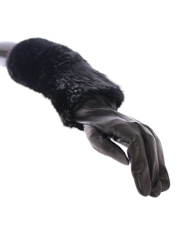 Black Dolce & Gabbana beaver fur lambskin leather elbow gloves with a smooth finish and elegant design.