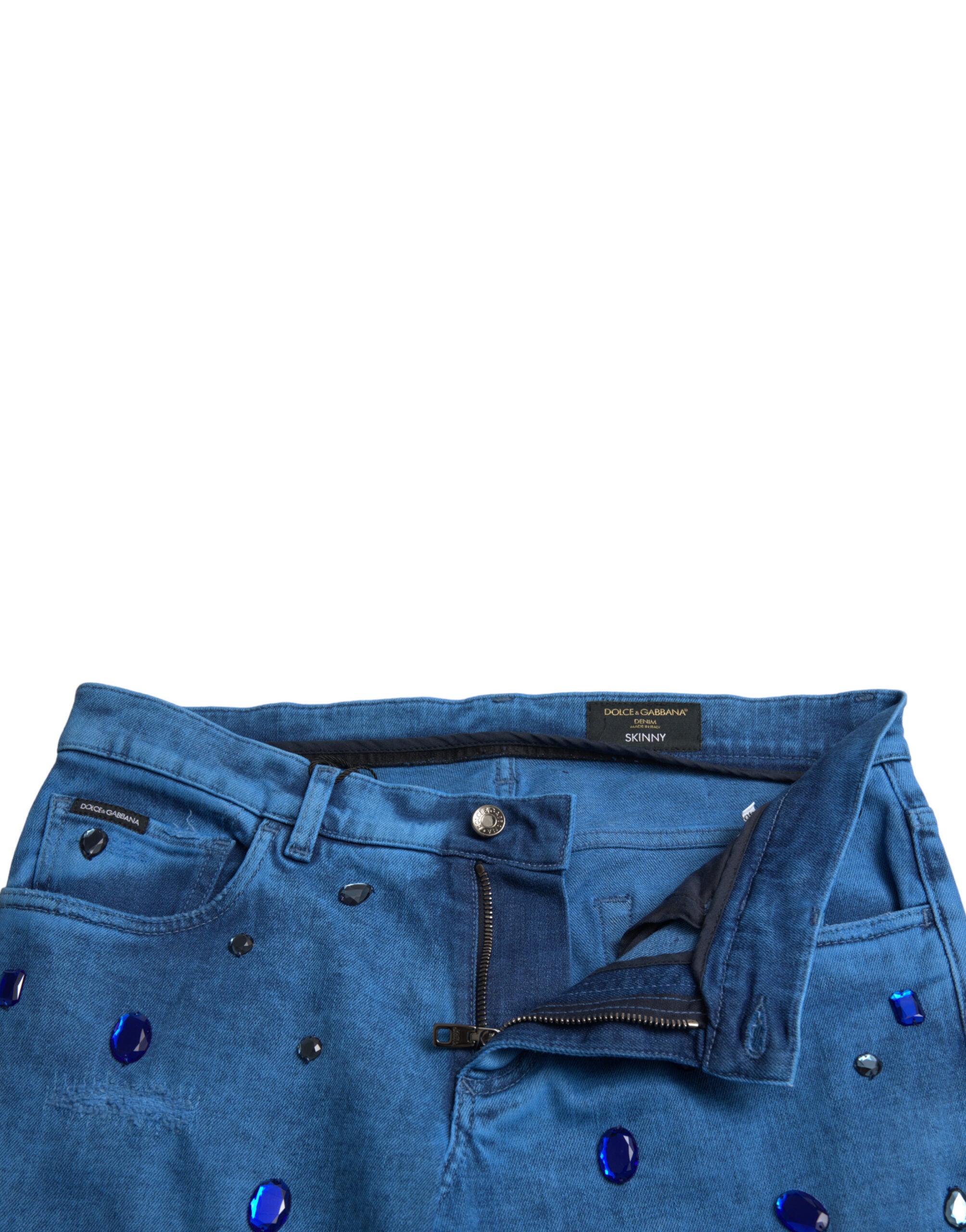 Blue crystal-embellished skinny denim jeans by Dolce & Gabbana, featuring a fitted silhouette and decorative crystal details.