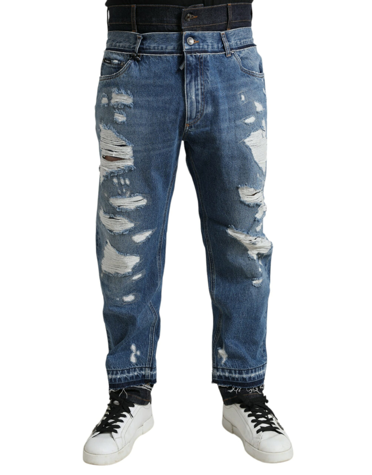 Blue tattered cotton denim jeans for men by Dolce & Gabbana, featuring distressed details and classic fit.