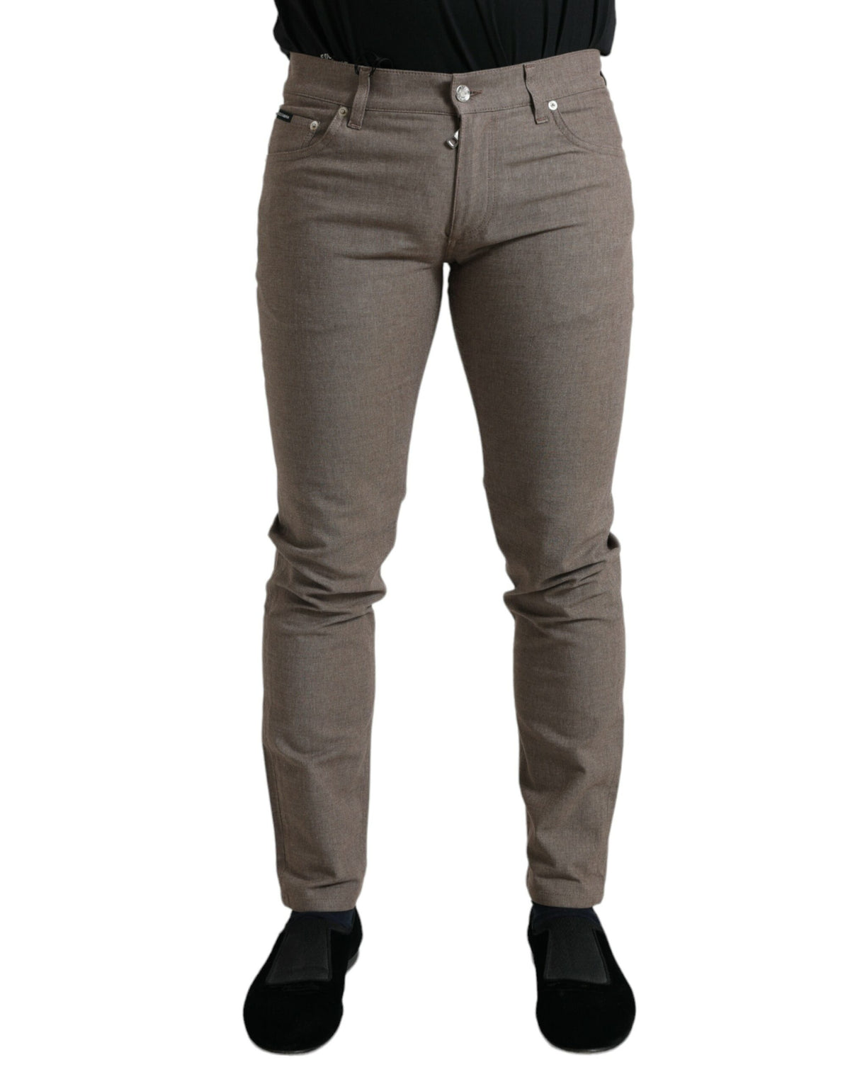Brown cotton stretch skinny men's pants by Dolce & Gabbana, showing the fitted design and waistband details.