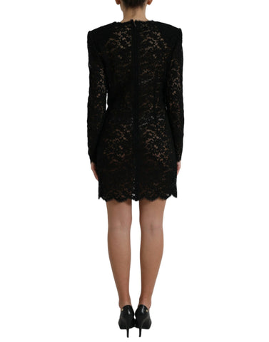 Black lace cotton bodycon sheath mini dress by Dolce & Gabbana, showcasing a fitted design with lace details and a sleek silhouette.