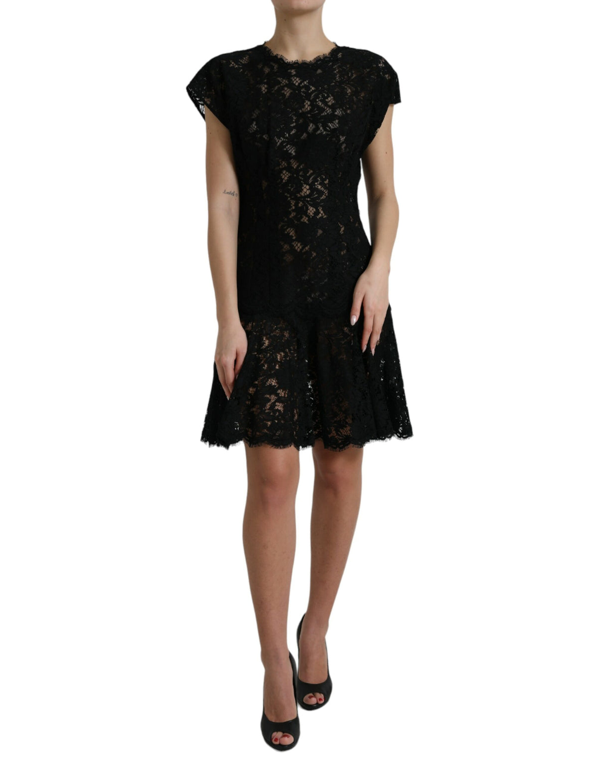 Black floral lace cotton A-line mini dress by Dolce & Gabbana with delicate lace details and a fitted bodice.