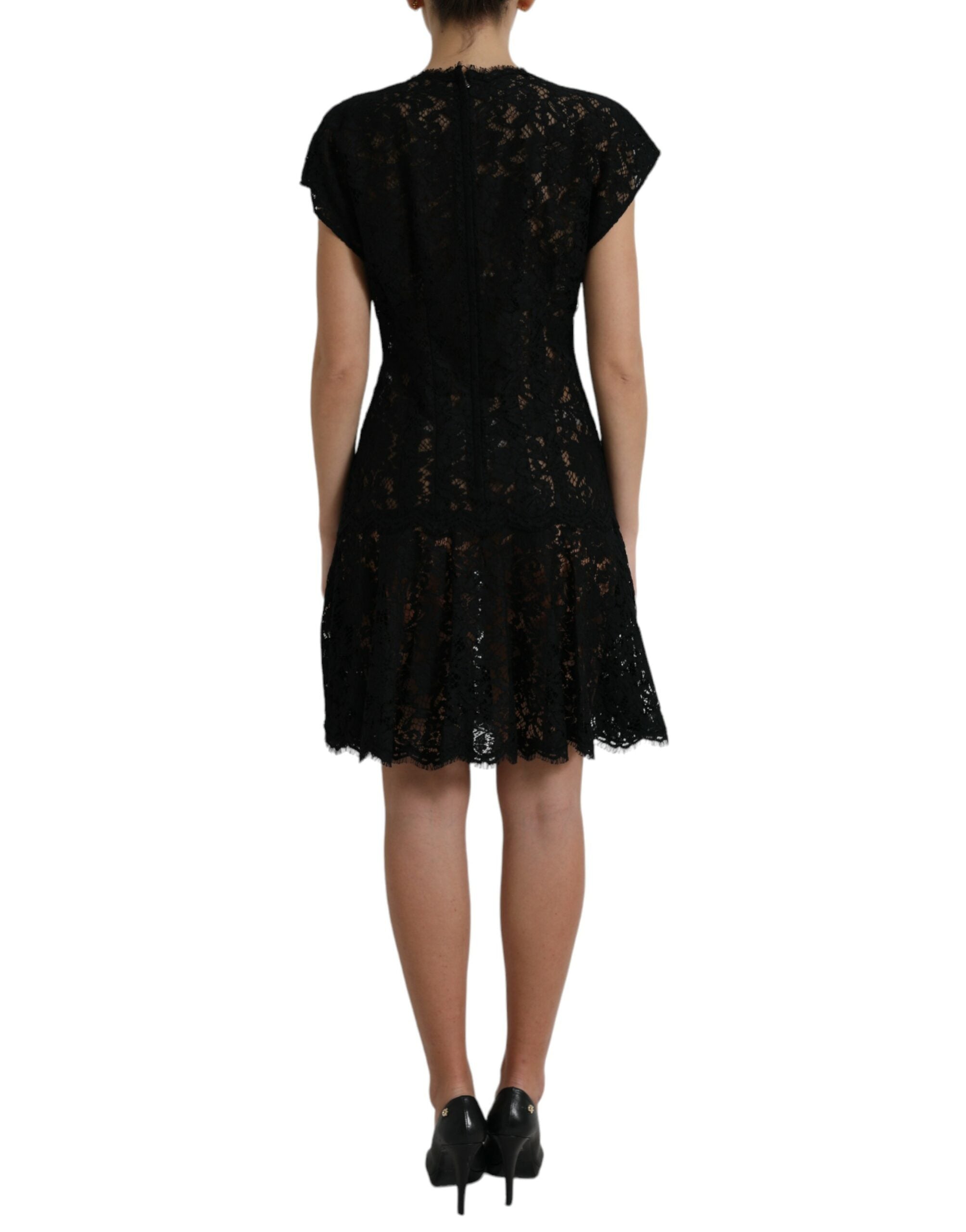 Black floral lace cotton A-line mini dress by Dolce & Gabbana, featuring a fitted bodice and floral lace detailing.