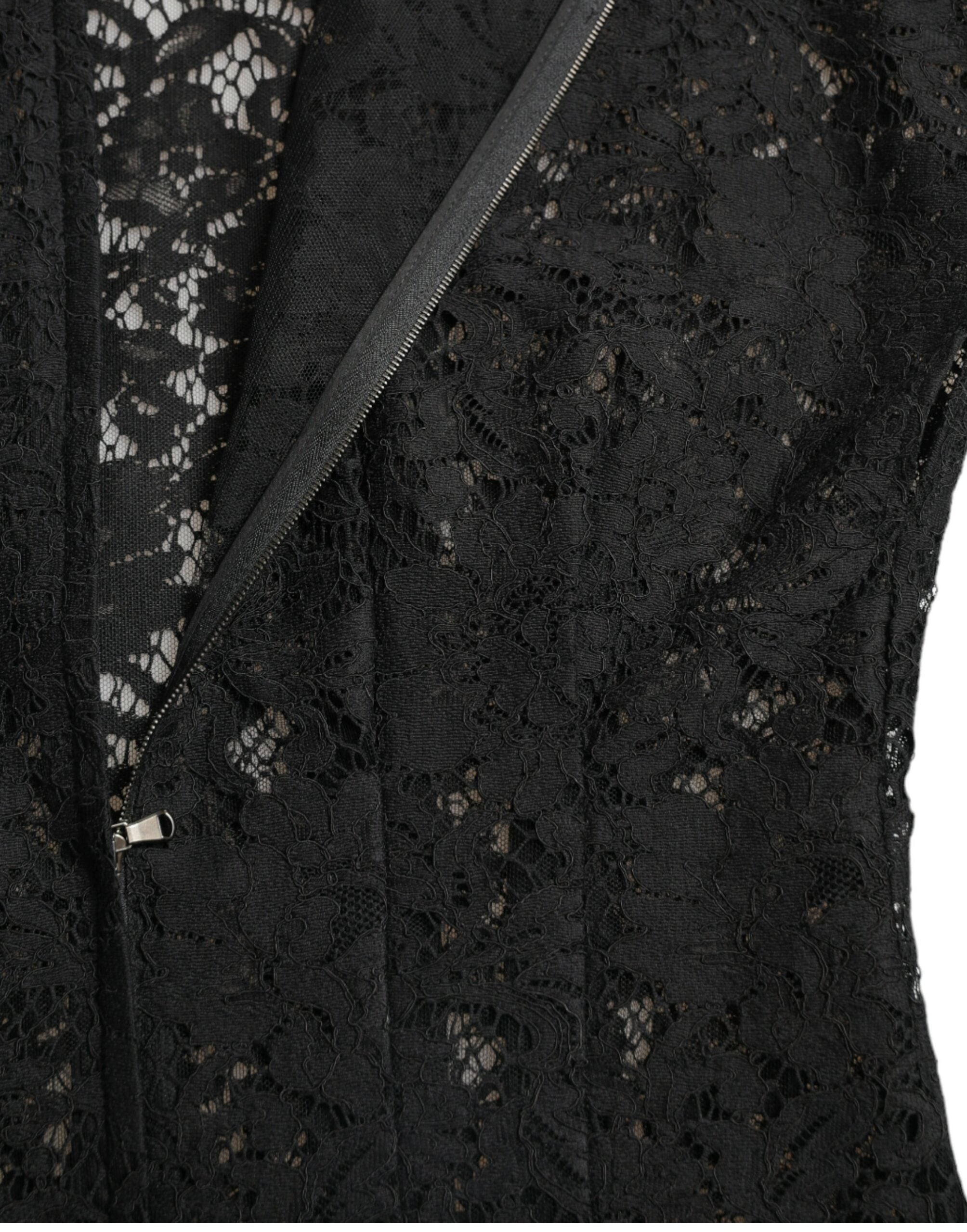 Black floral lace cotton A-line mini dress by Dolce & Gabbana, featuring intricate lace details and a classic silhouette.