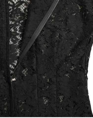 Black floral lace cotton A-line mini dress by Dolce & Gabbana, featuring intricate lace details and a classic silhouette.