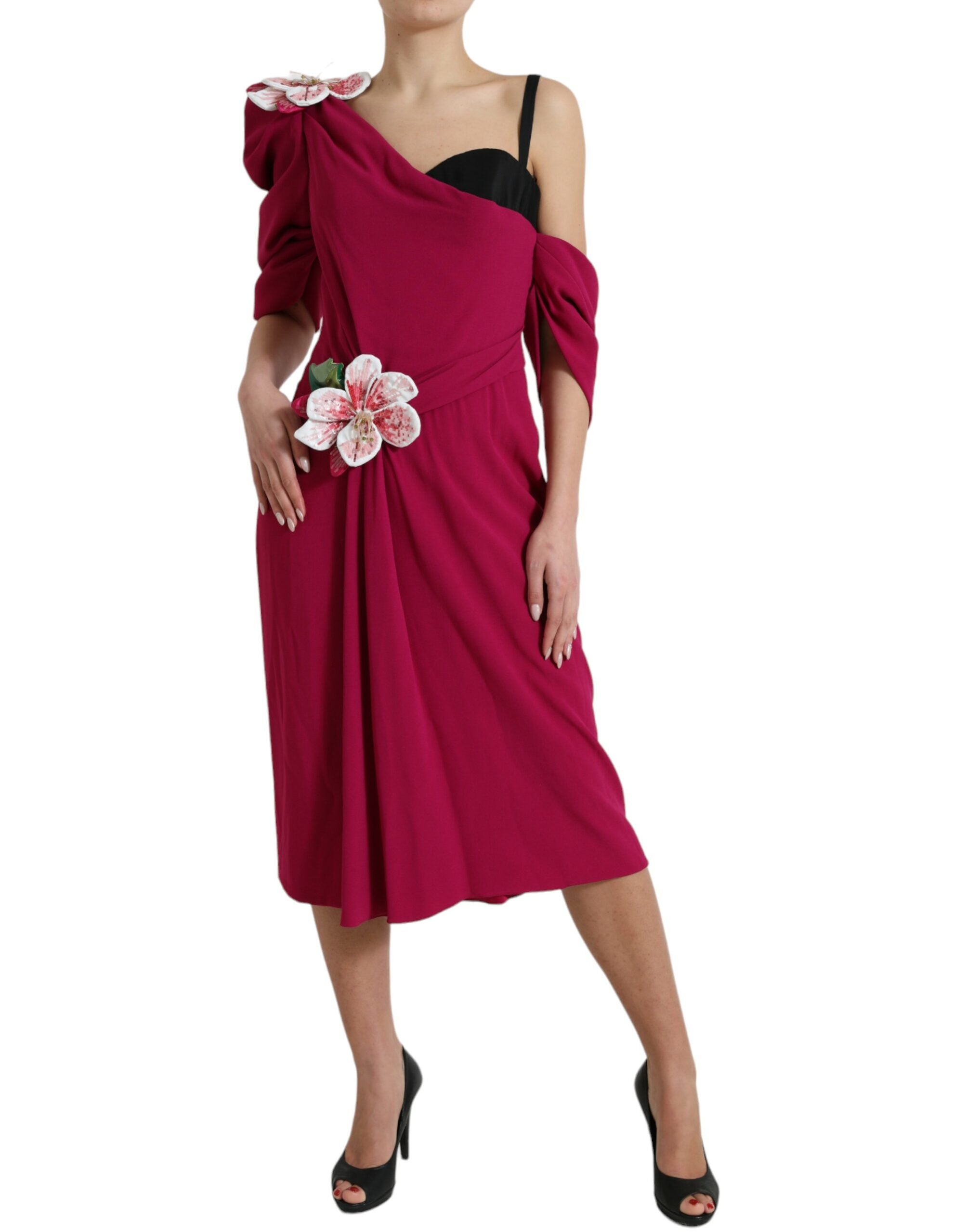 Dolce & Gabbana purple one-shoulder dress with floral embellishments, elegant evening wear with a draped design and floral details.