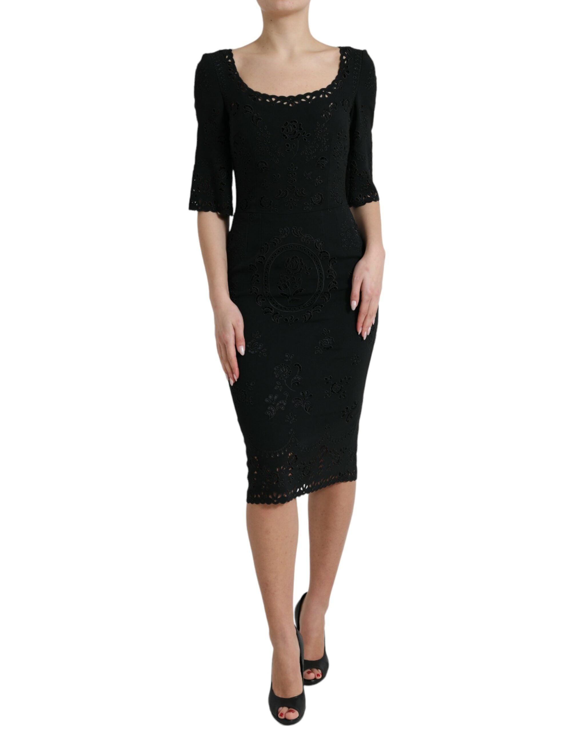 Black floral lace viscose bodycon midi dress by Dolce & Gabbana, featuring a fitted silhouette and elegant floral lace details.