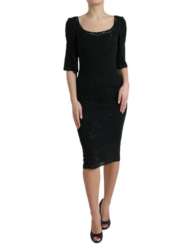 Black floral lace viscose bodycon midi dress by Dolce & Gabbana, featuring a fitted silhouette and elegant floral lace details.