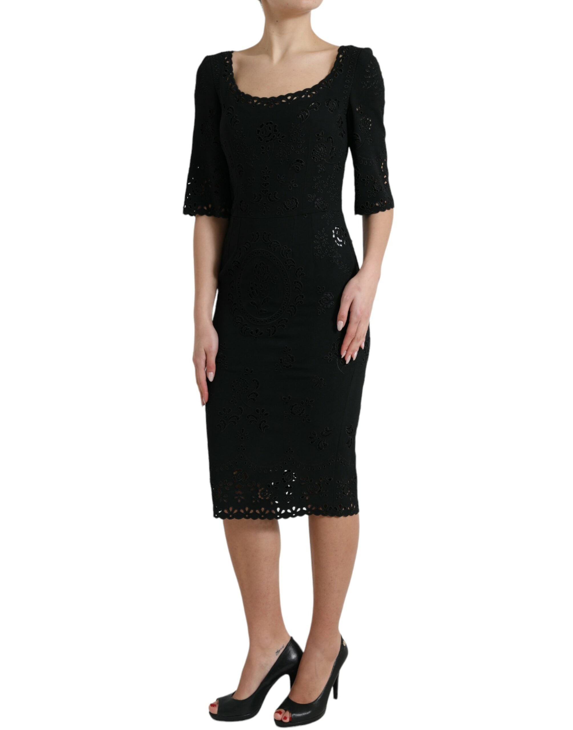 Black floral lace viscose bodycon midi dress by Dolce & Gabbana, featuring a fitted silhouette and intricate lace details.
