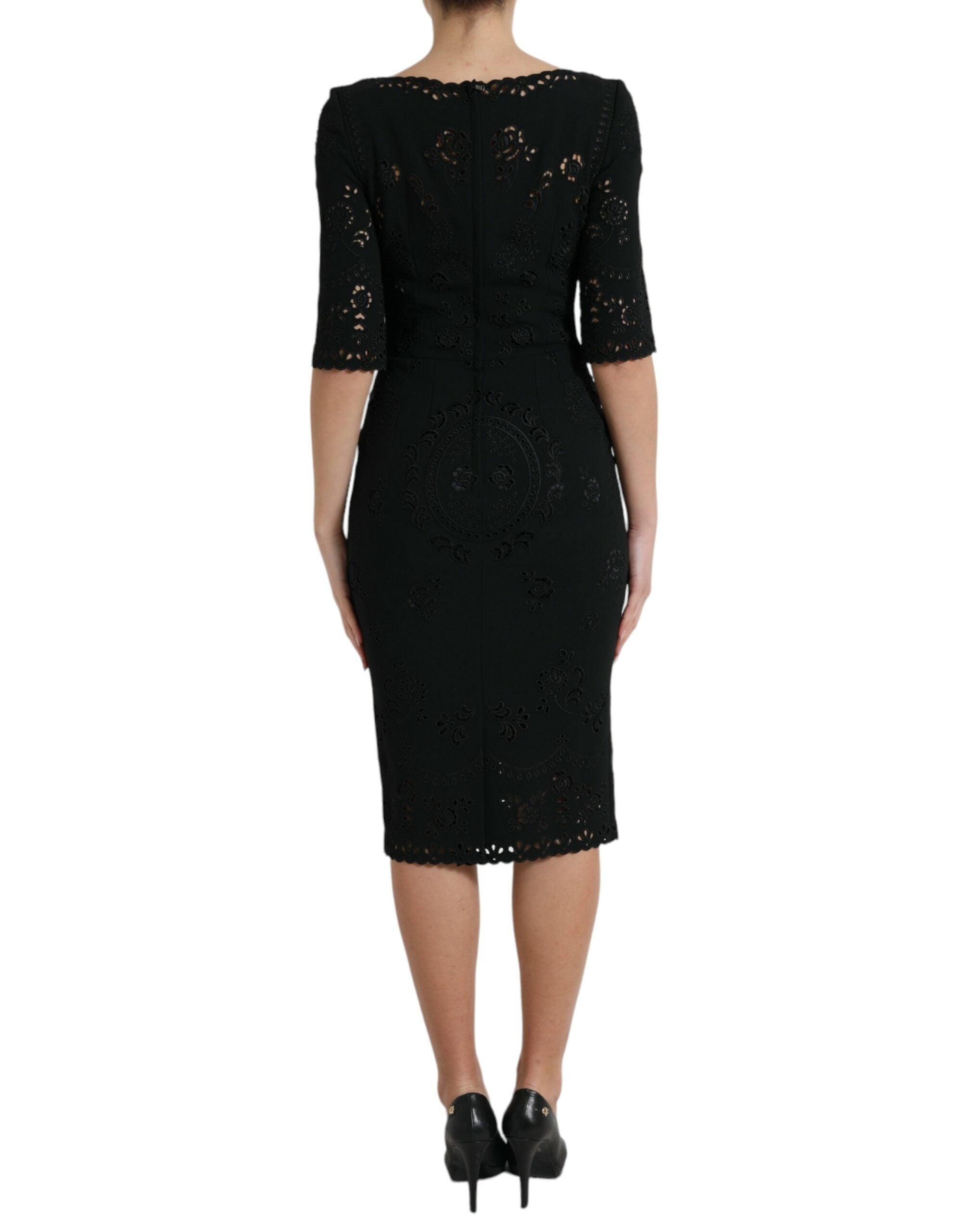 Black floral lace viscose bodycon midi dress by Dolce & Gabbana, featuring a fitted silhouette and elegant floral lace details.