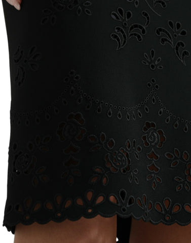 Black floral lace viscose bodycon midi dress by Dolce & Gabbana, featuring a fitted silhouette and intricate lace details.