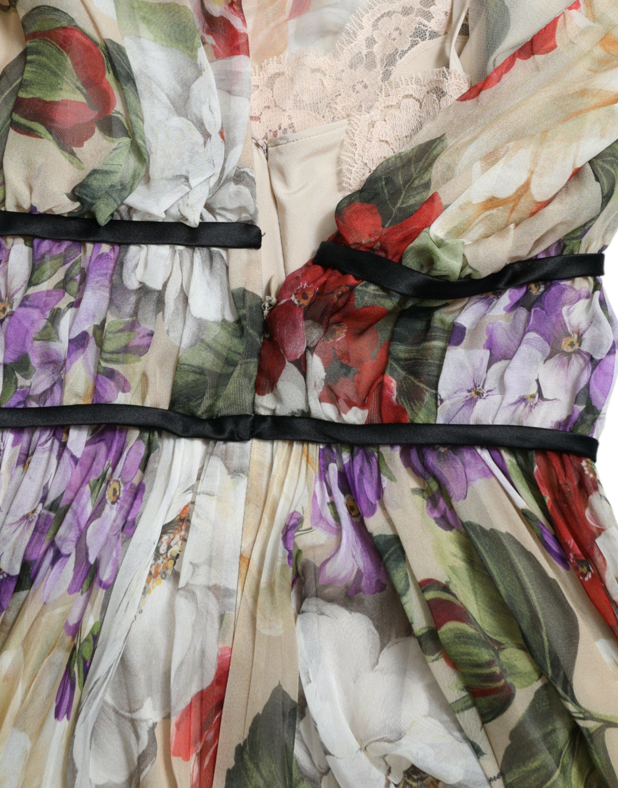 Beige floral sleeveless A-line mini dress by Dolce & Gabbana, featuring a fitted bodice and flowy skirt.