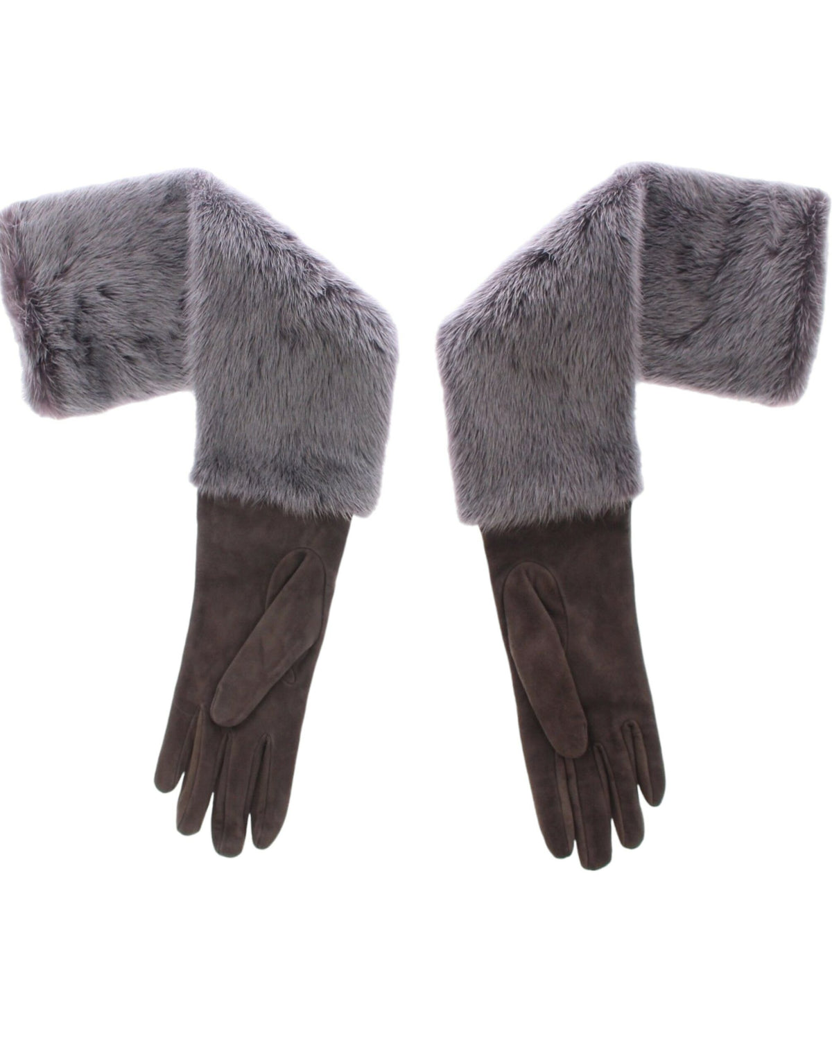 Gray mink fur and lambskin suede leather gloves by Dolce & Gabbana, showing soft fur trim and sleek glove design.