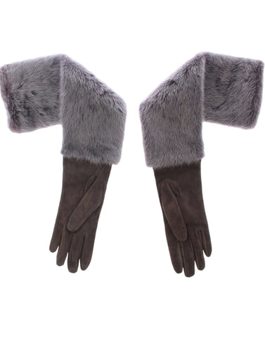 Gray mink fur and lambskin suede leather gloves by Dolce & Gabbana, showing soft fur trim and sleek glove design.