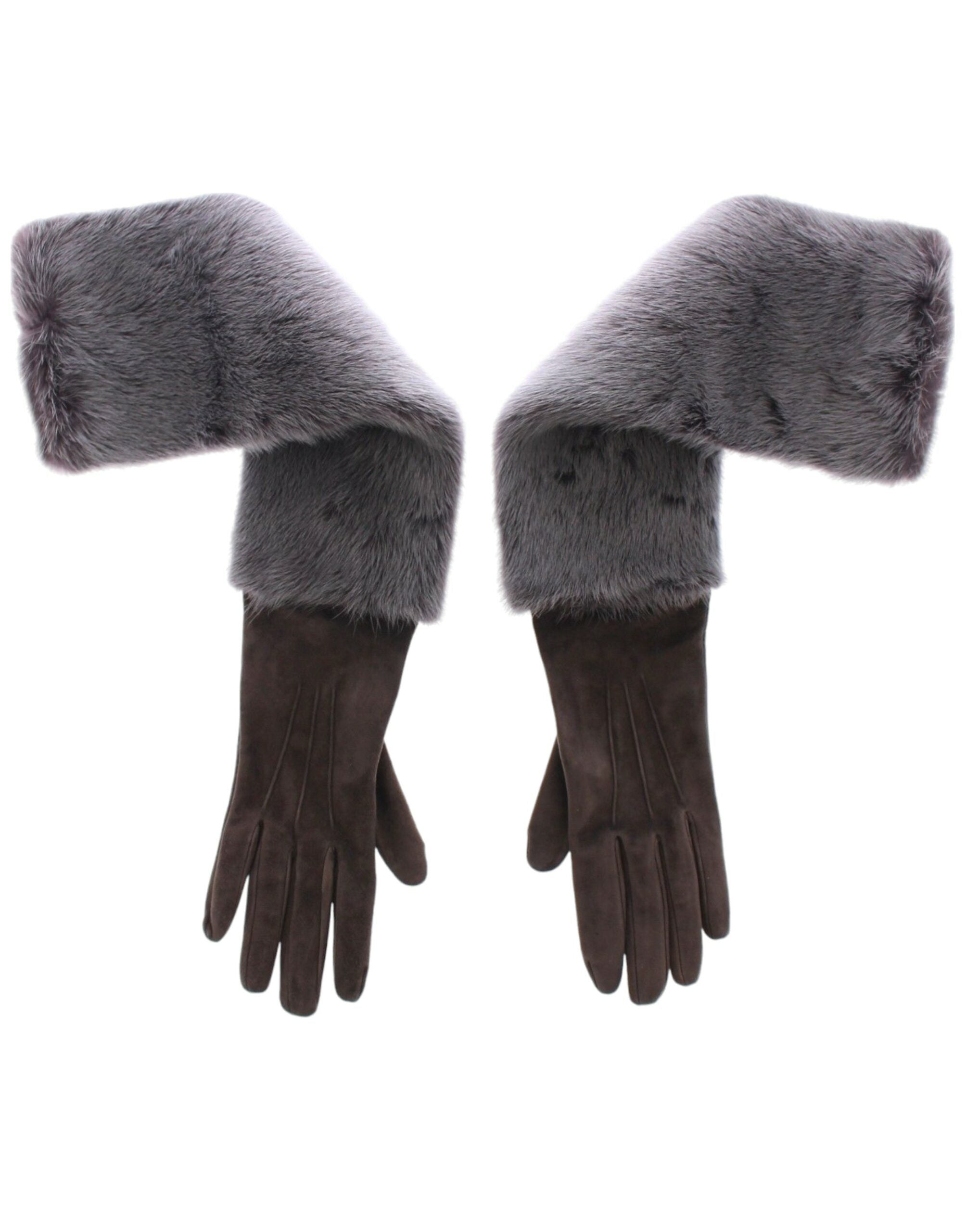 Gray mink fur and lambskin suede leather gloves by Dolce & Gabbana, showing close-up of soft textured material and elegant design.