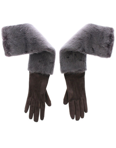 Gray mink fur and lambskin suede leather gloves by Dolce & Gabbana, showing close-up of soft textured material and elegant design.