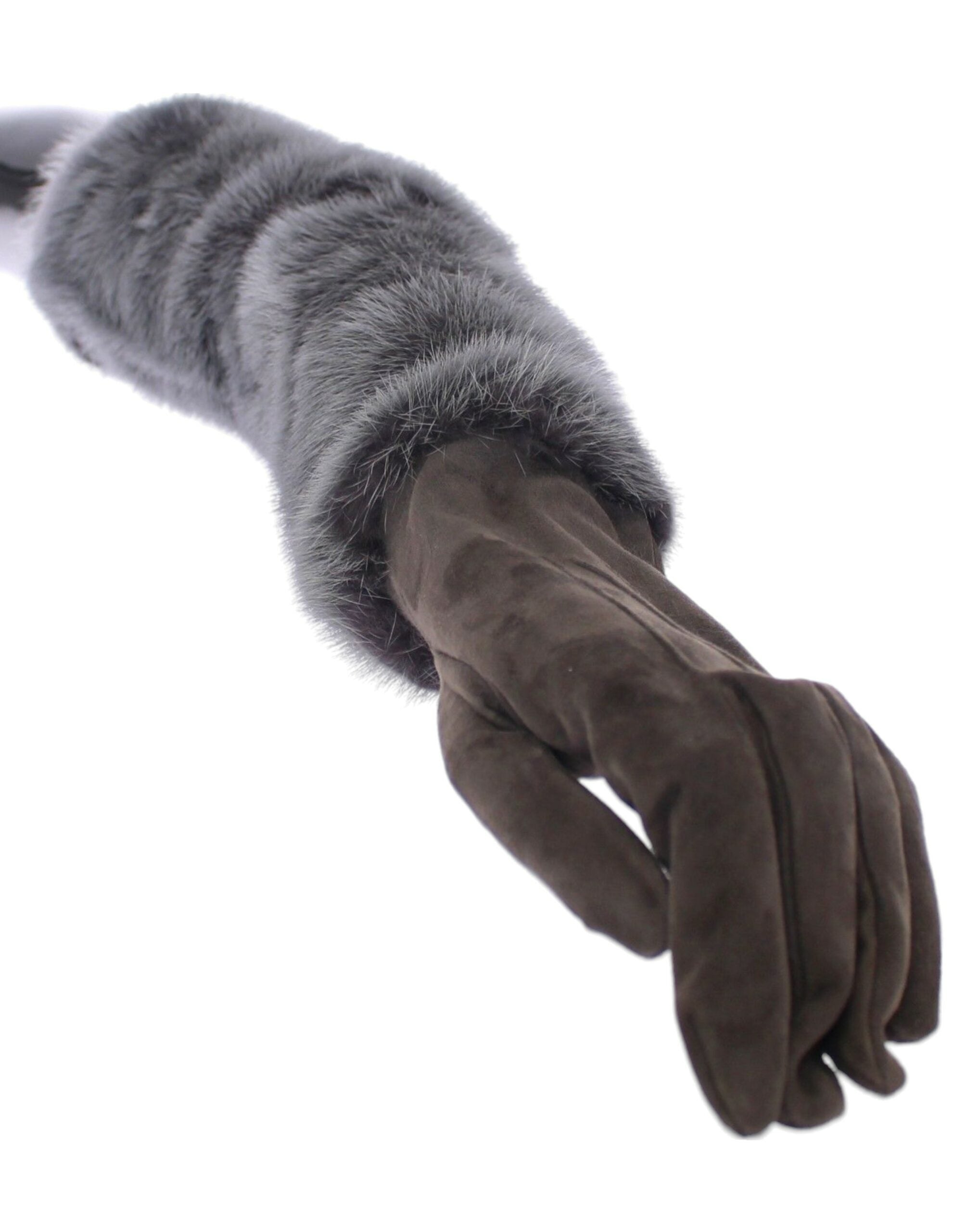 Gray mink fur and lambskin suede leather gloves by Dolce & Gabbana, showing soft fur trim and smooth leather exterior.