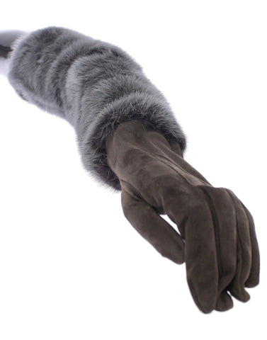 Gray mink fur and lambskin suede leather gloves by Dolce & Gabbana, showing soft fur trim and smooth leather exterior.