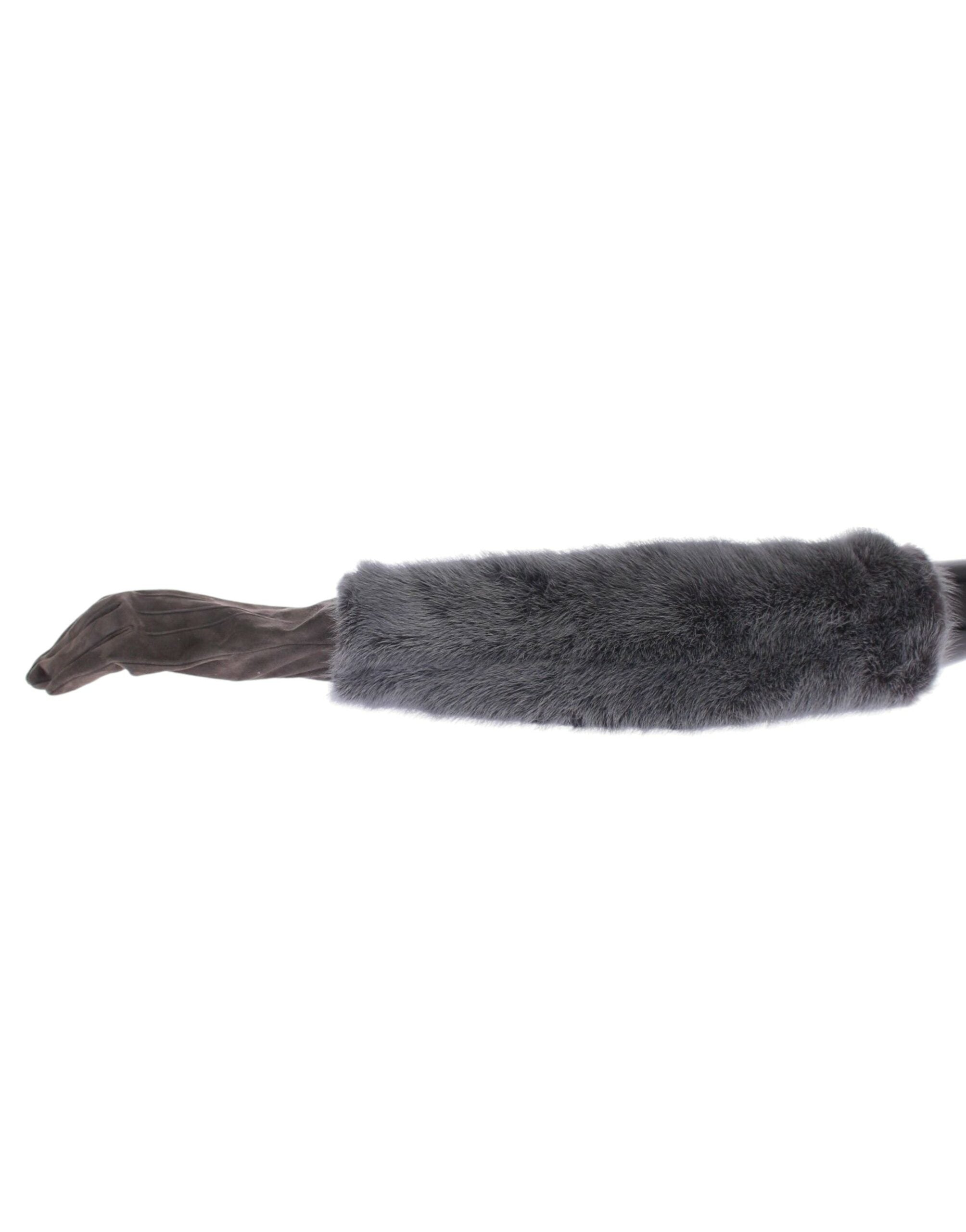 Gray mink fur and lambskin suede leather gloves by Dolce & Gabbana, showing soft fur trim and smooth leather palms.