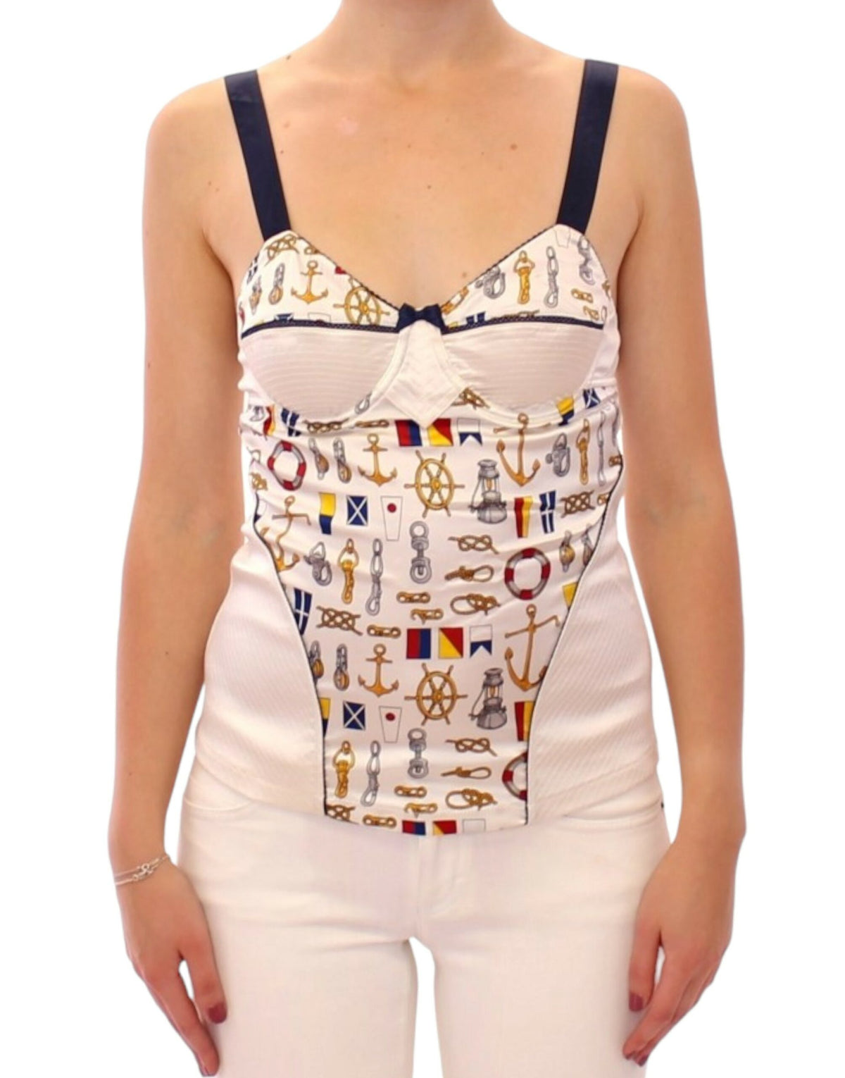 White sailor motif tank top by Dolce & Gabbana, featuring nautical-inspired design and sleeveless style.