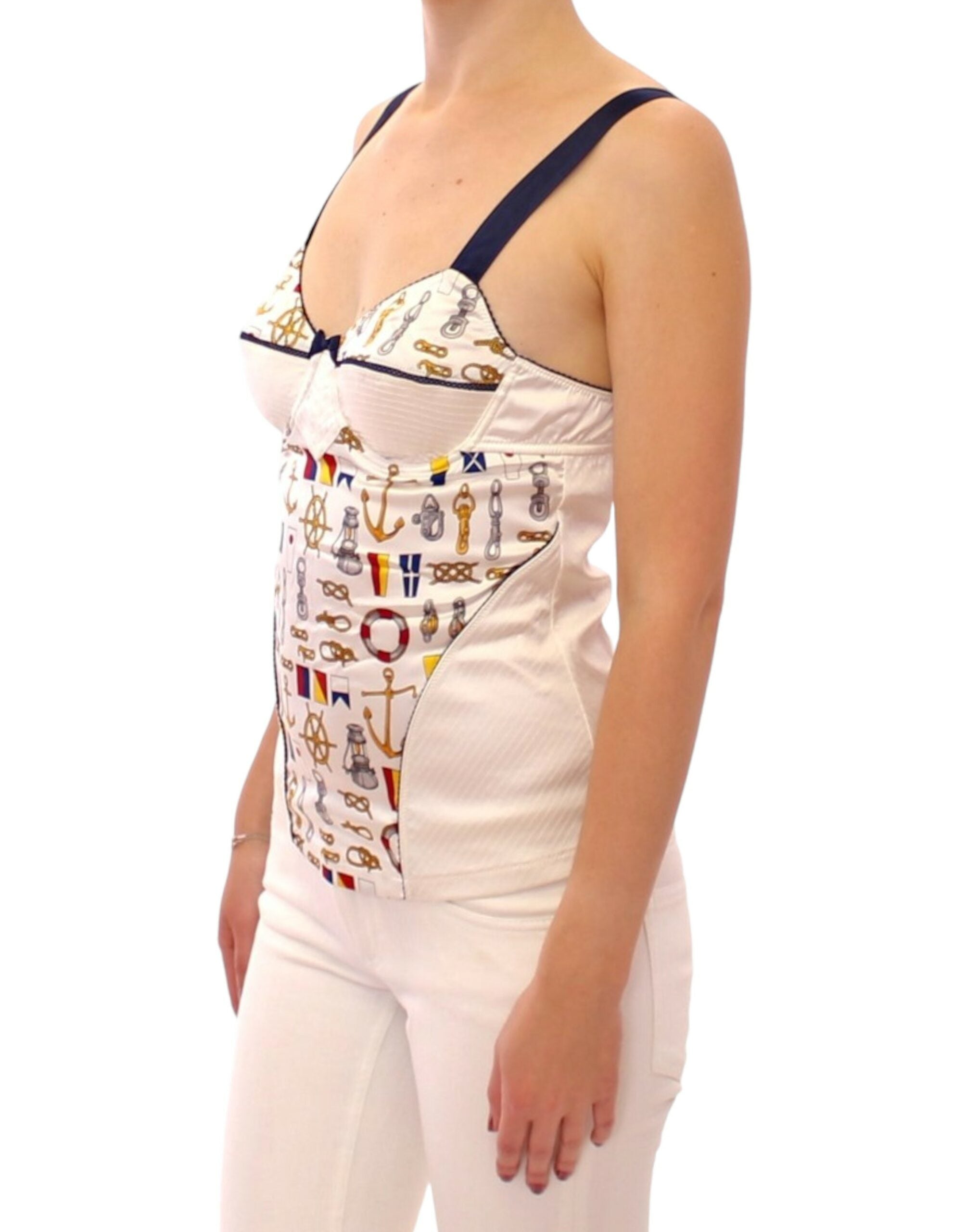 White sailor motif tank top by Dolce & Gabbana, featuring nautical-inspired design and sleeveless style.