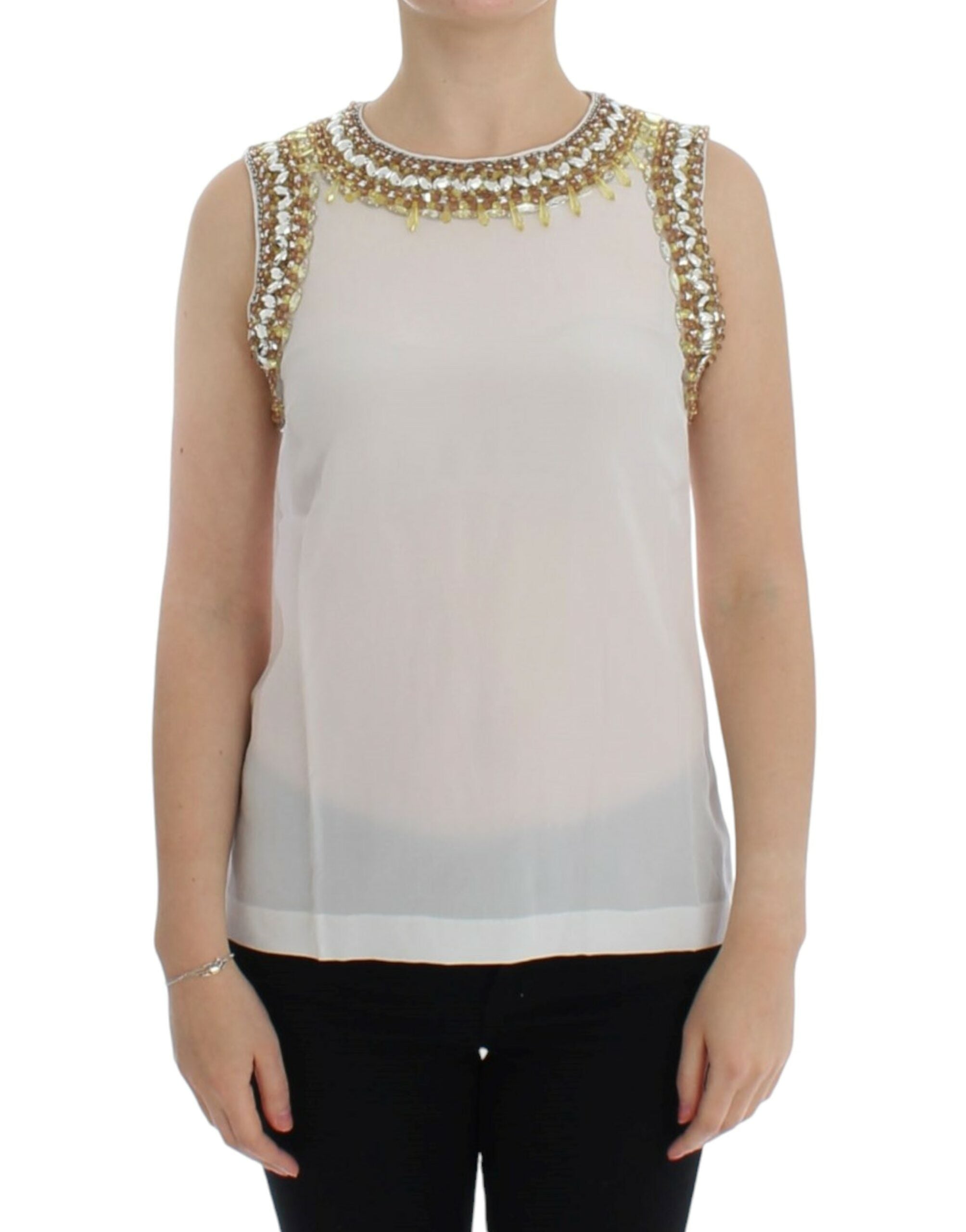 White crystal-embellished tank top by Dolce & Gabbana, featuring a sleeveless design with sparkling crystal accents.