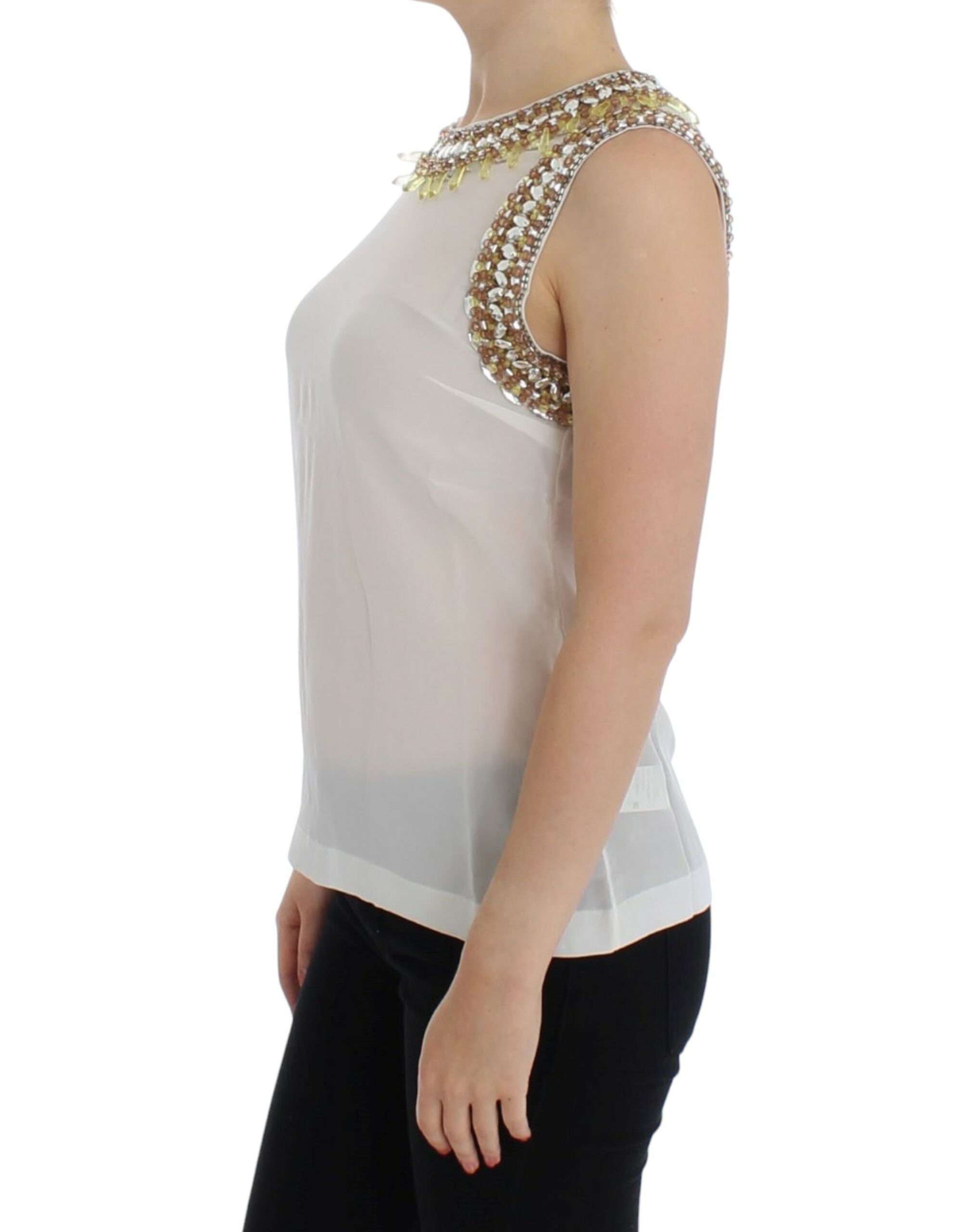 White crystal-embellished tank top by Dolce & Gabbana, featuring a sleeveless design and intricate crystal details.