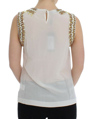 White crystal-embellished tank top from Dolce & Gabbana featuring delicate crystal details and a sleek sleeveless design.