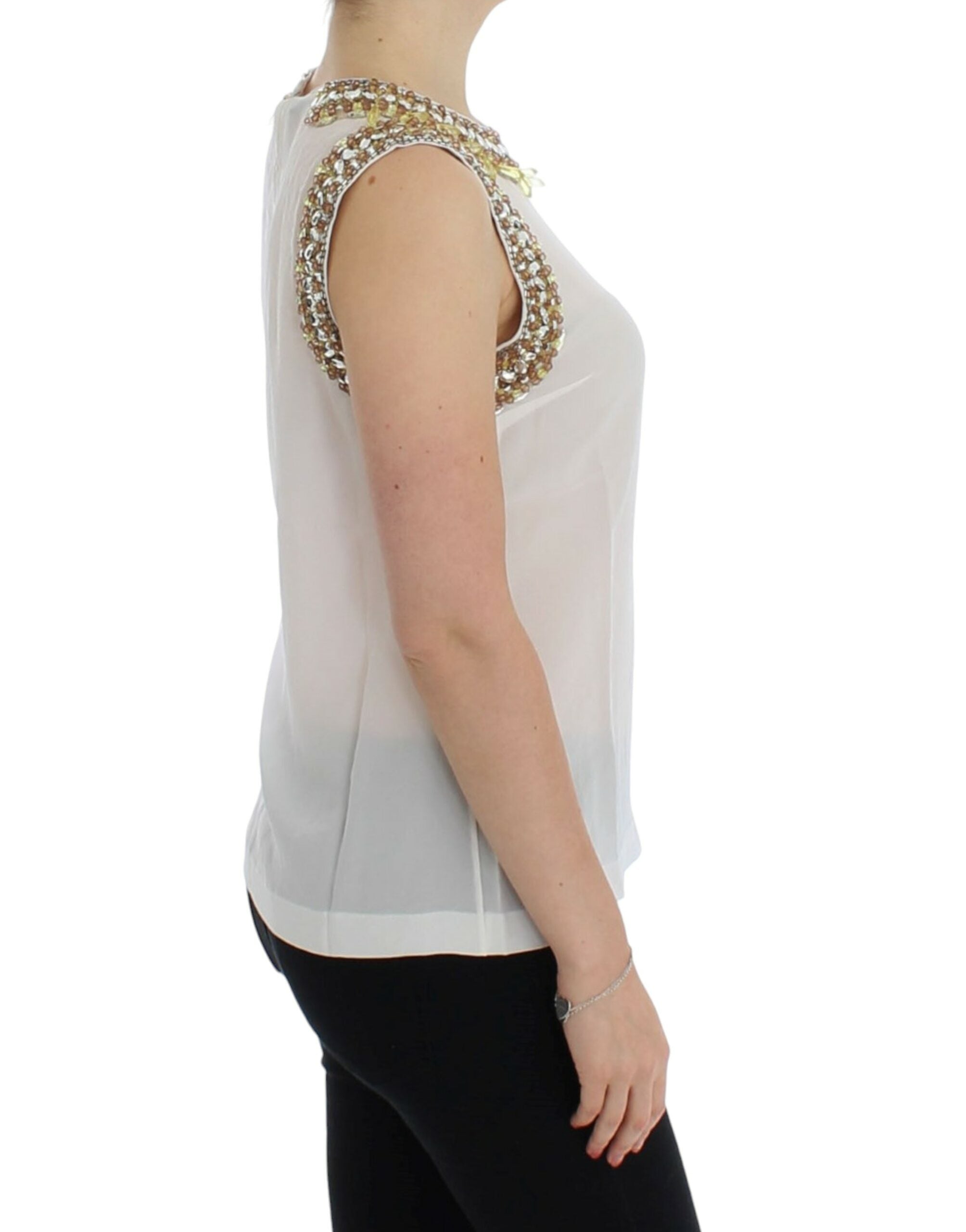 White crystal-embellished tank top by Dolce & Gabbana, featuring a sleeveless design with sparkling crystal accents.
