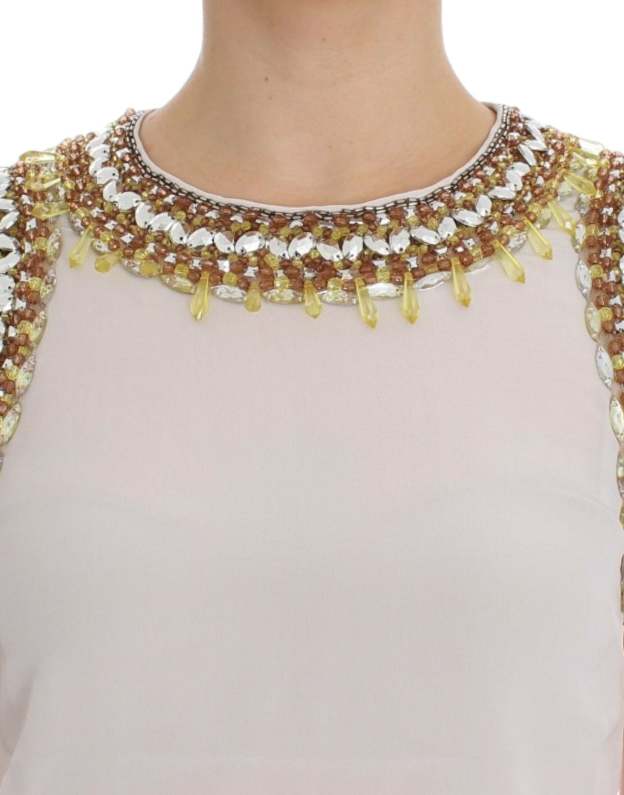 White crystal-embellished tank top by Dolce & Gabbana, featuring a sleeveless design with sparkling crystal details.