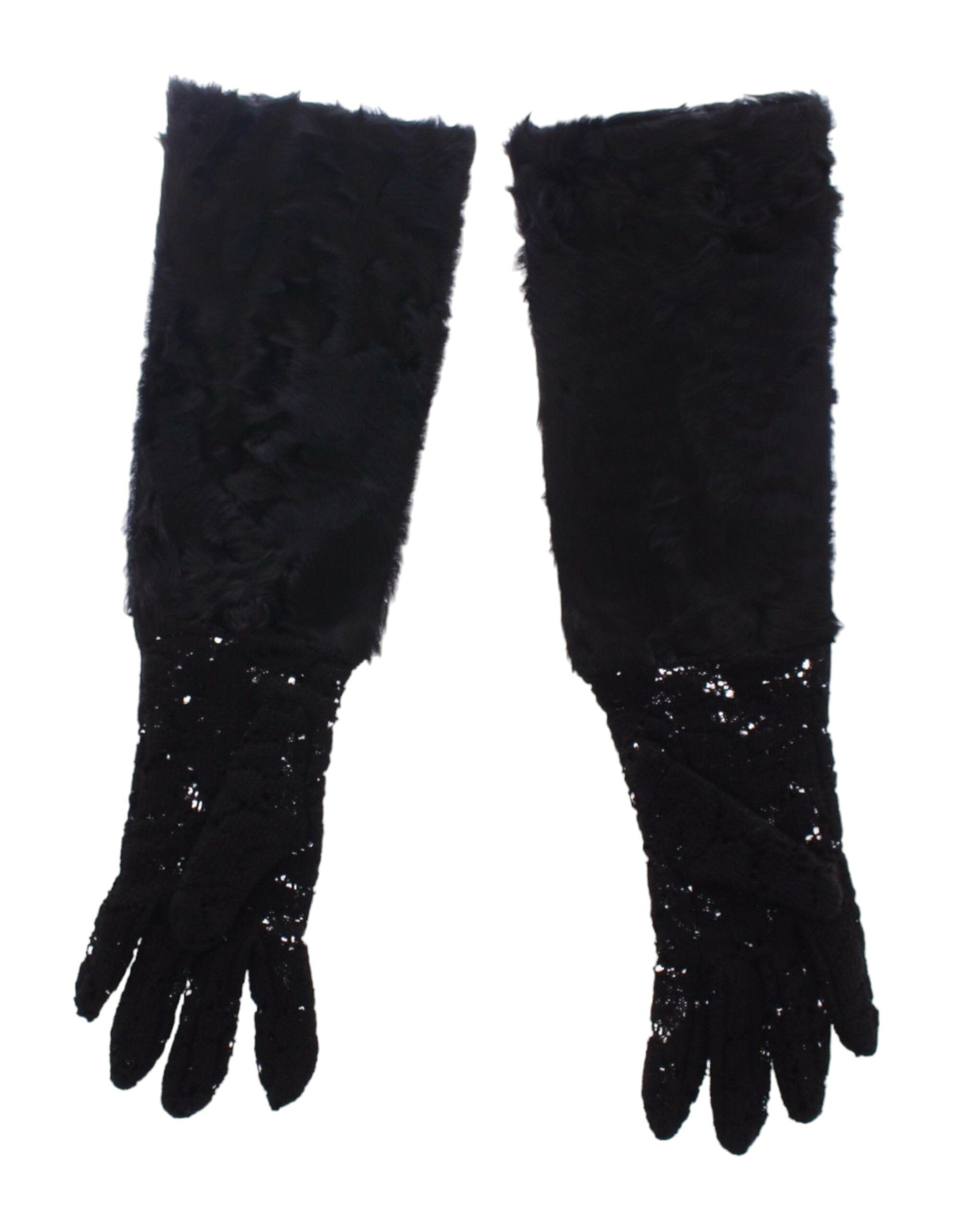 Black lace wool and lambskin fur elbow gloves by Dolce & Gabbana with intricate lace detailing and soft fur trim.
