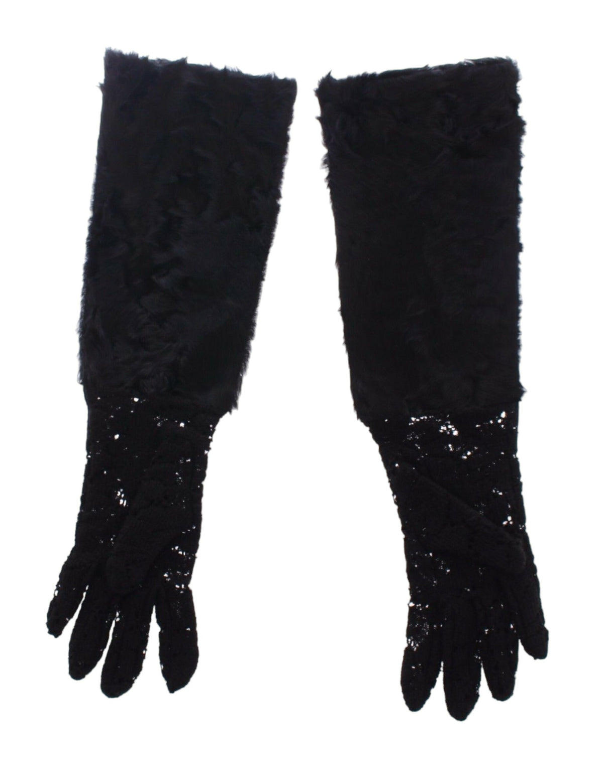Black lace wool and lambskin fur elbow gloves by Dolce & Gabbana with intricate lace detailing and soft fur trim.